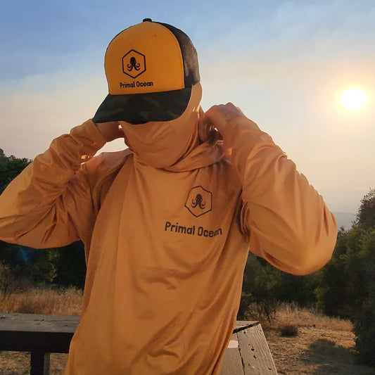 Sea-Faring UPF 50 Performance Fishing Hoodie – Primal Ocean Adventures (Orange with neck gaiter/buff)